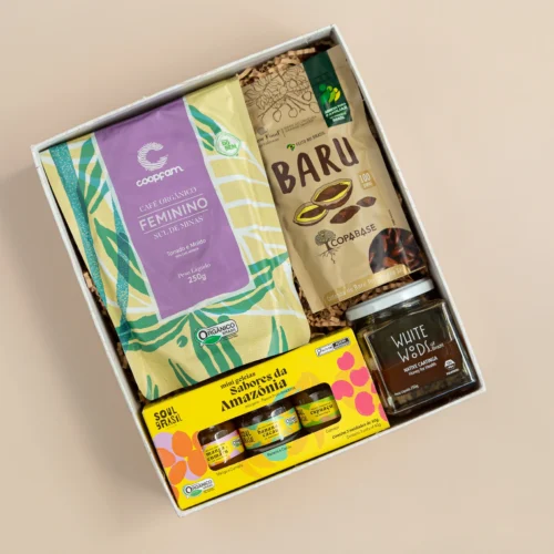 kit de presente sustentável com: café, castanha, geleia e mel.