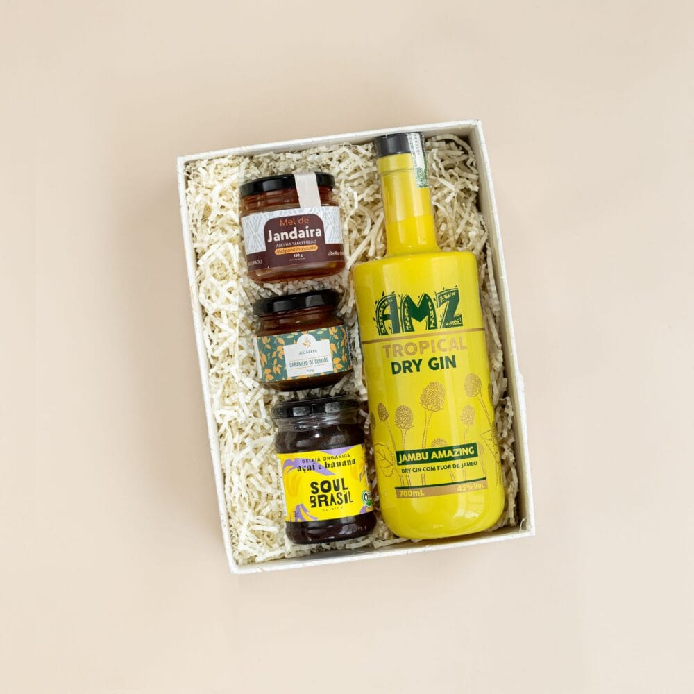 presente sustentável com gin da Amazônia, mel, geleia e caramelo de cumaru