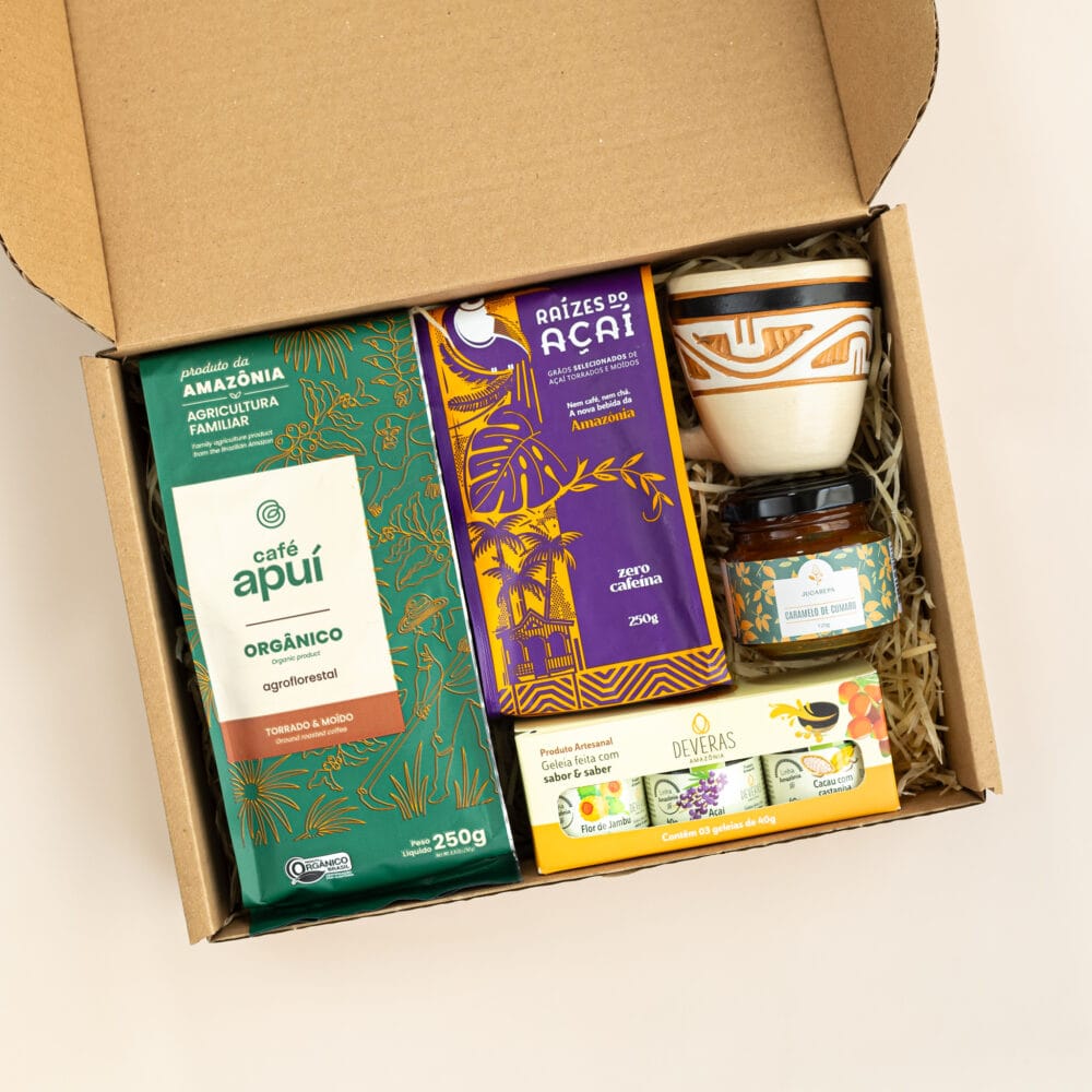 kit de presentes sustentável com café, açafé, caramelo de cumaru, kit mini geléias e xícara