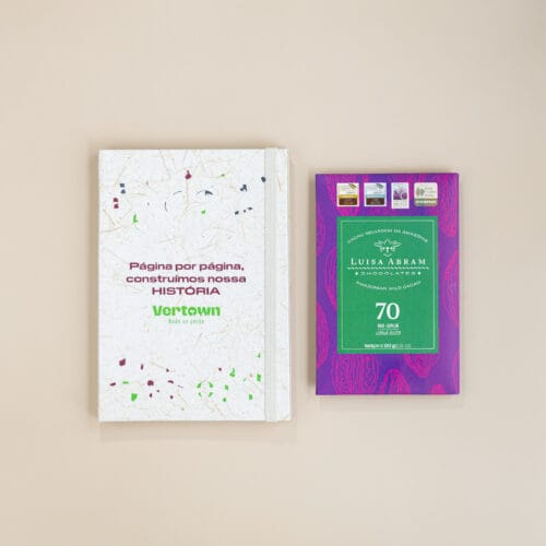 brinde sustentável com moleskine e chocolate meio amargo