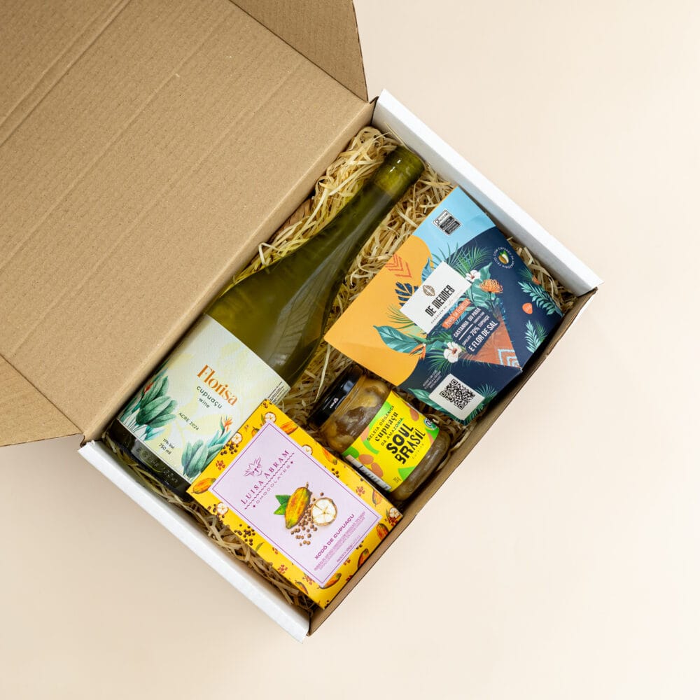 kit de presente sustentável com fermentado, geleia, drágeas e biscoito de cupuaçu