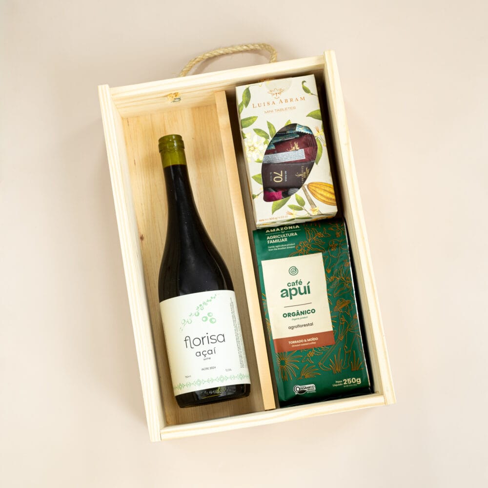 presente sustentável com vinho, café e chocolates