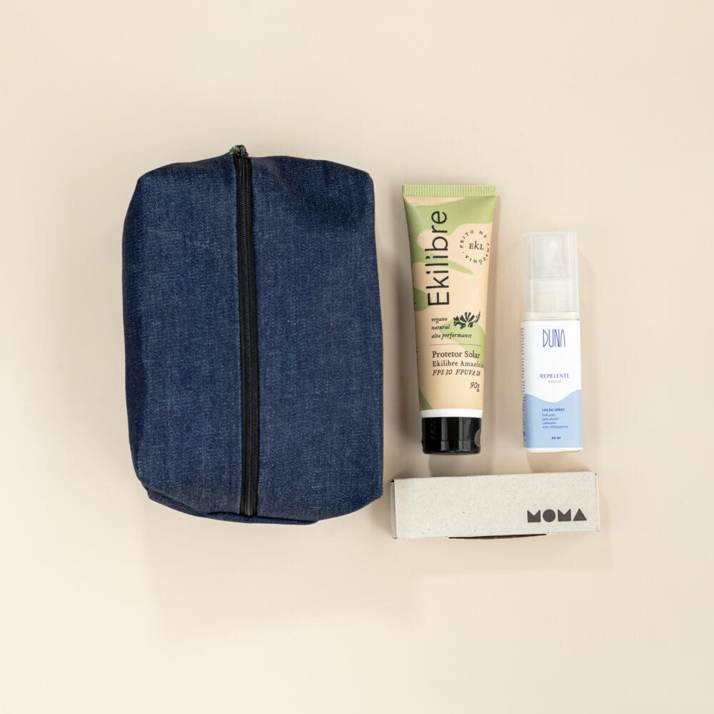 kit de presente com protetor solar, repelente, kit viagem e necessaire