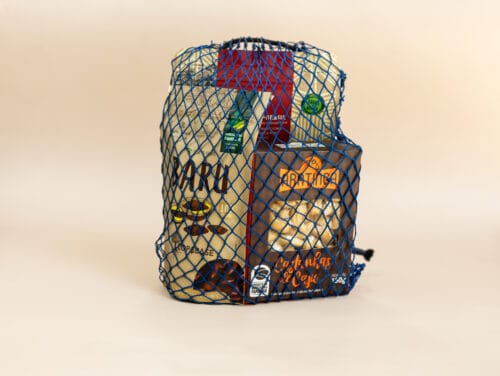 brinde ecológico com kit castanhas de baru, caju, do Brasil e sacola de rede