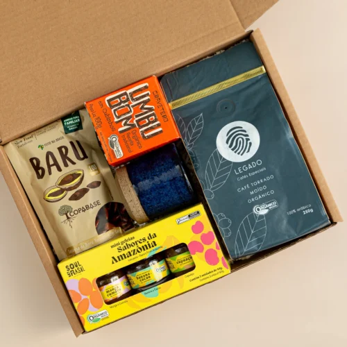 kit de presente sustentável com: café, mini geleias, castanhas e doce de umbu.
