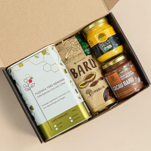 kit de presente sustentável com: café três meninas, creme de baru, creme de pequi e castanhas de baru