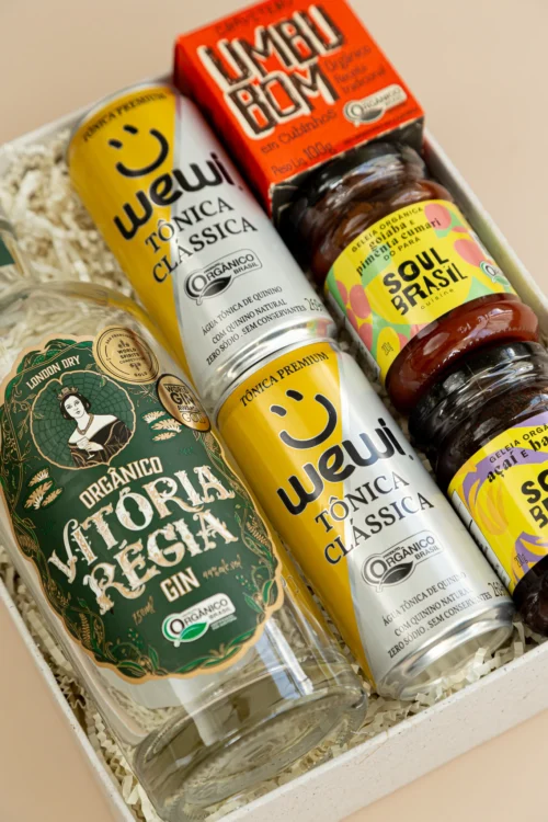 kit de presente sustentável com: gin tônica orgânico, tônicas, geleia de açaí e banana e geleia goiaba e doce umbu. Imagem com aproximação dos elementos.